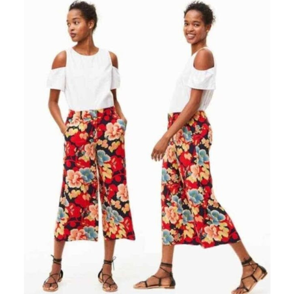LOFT Floral Wide Leg Pants - Red and Blue